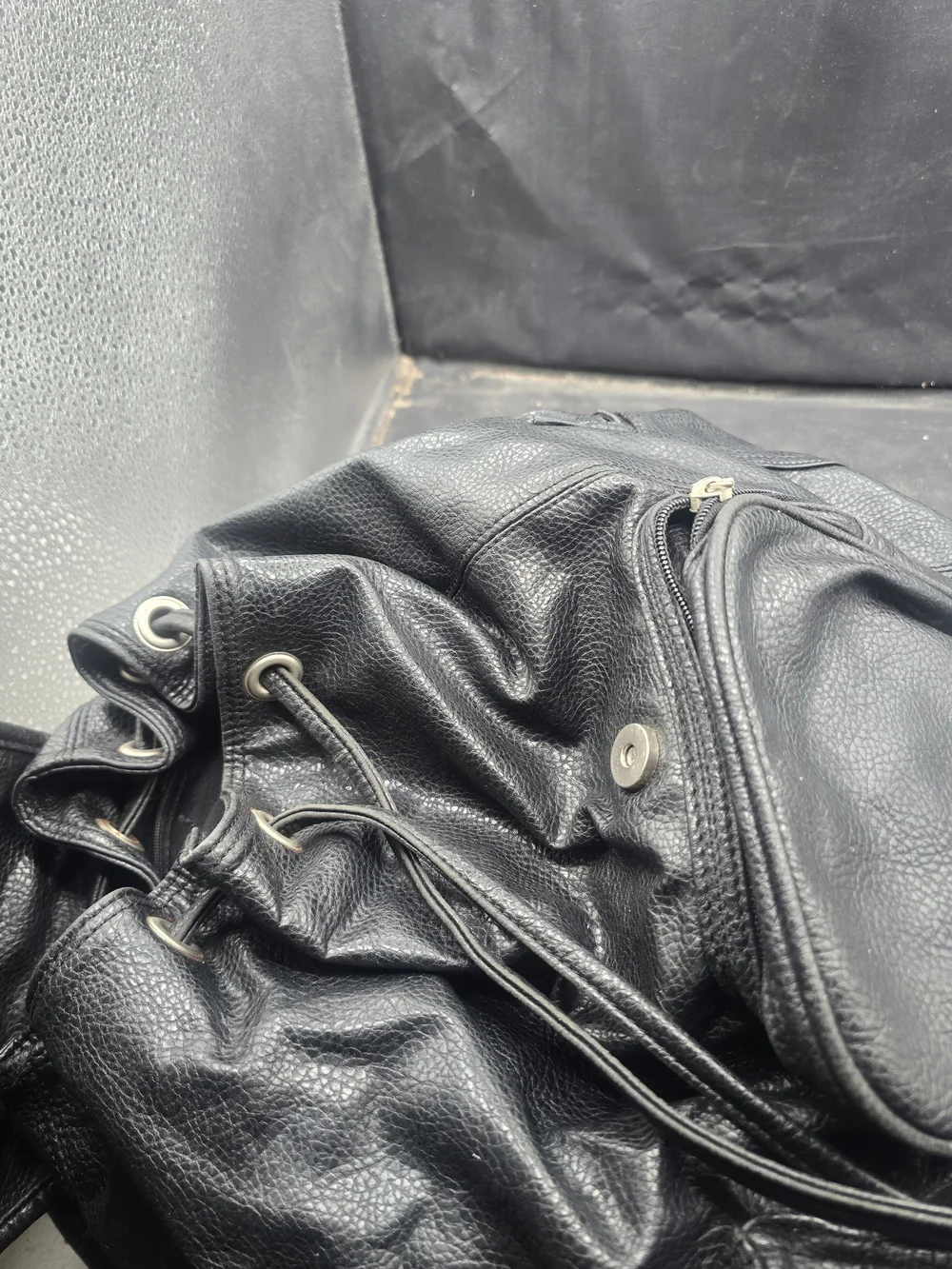 GUESS Black Leather Backpack - Textured Drawstring Rucksack